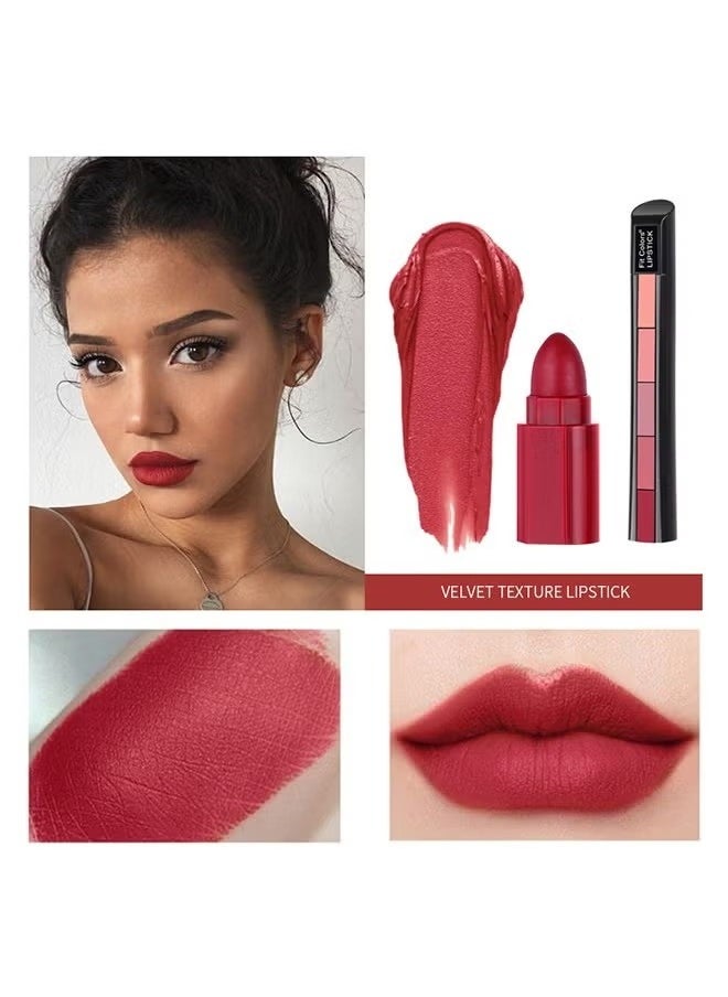 Fit Colors - 5 Colors Nude Matte Finish 5 in 1 Lipstick- Long Lasting Waterproof Lipstick (#01#RED) - Image 1