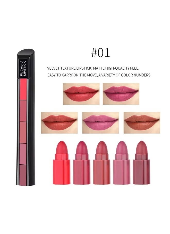 Fit Colors - 5 Colors Nude Matte Finish 5 in 1 Lipstick- Long Lasting Waterproof Lipstick (#01#RED) - Image 1