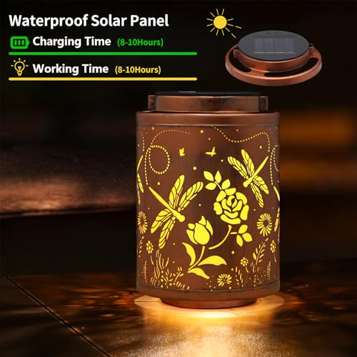 Tepaken Solar Outdoor Lanterns, Dragonfly Garden Decor LED Light Hanging Waterproof Solar Lantern Birthday Gifts for Women Mon Grandma Sunflower Solar Lights Outdoor Decoration for Patio - Image 2
