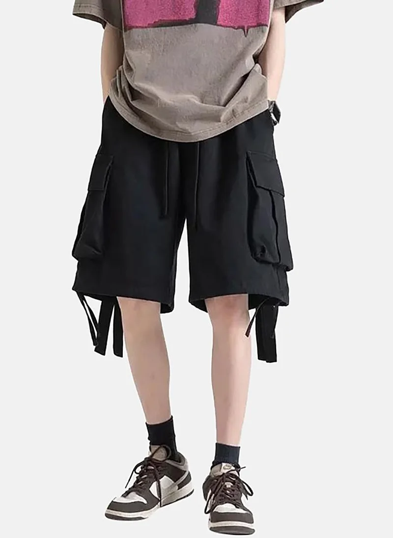 يونيكي Black Mid Rise Soild Relaxed Fit Shorts