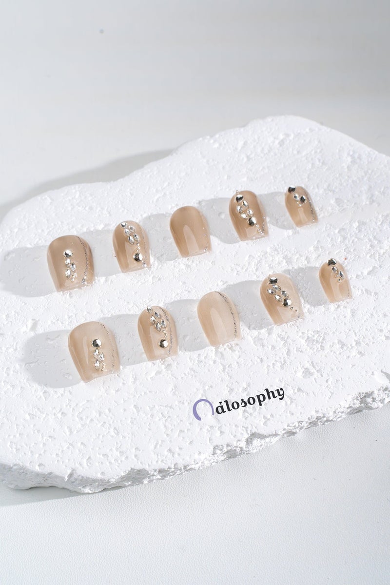 Nailosophy 10 Pcs Handmade Gel Press On Nails Square Short Nude Beige Rhinestone Reusable False Nails Nail Kit for Women Daily Wear Office Wedding Eid - Image 2