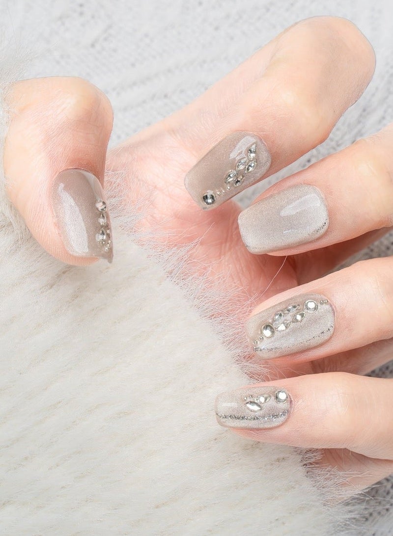 Nailosophy 10 Pcs Handmade Gel Press On Nails Square Short Nude Beige Rhinestone Reusable False Nails Nail Kit for Women Daily Wear Office Wedding Eid - Image 1