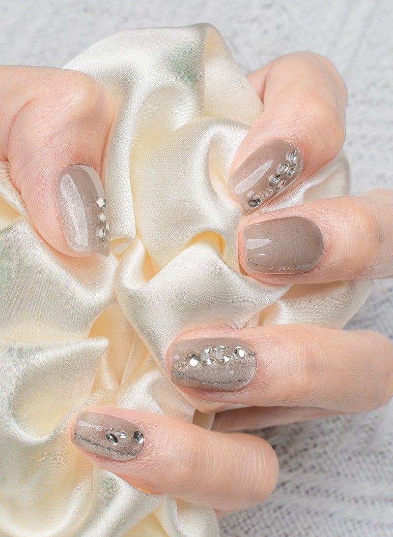 Nailosophy 10 Pcs Handmade Gel Press On Nails Square Short Nude Beige Rhinestone Reusable False Nails Nail Kit for Women Daily Wear Office Wedding Eid - Image 3