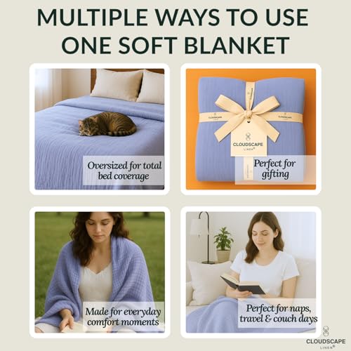 CloudScape Linen Cloud Scape Linen 8-Layer Muslin Blanket Queen Size - 100% Cotton, Soft and Breathable, Oversized Winter Blanket, Fits up to Full Size Bed, 92x92, Lavender Blue - Image 5