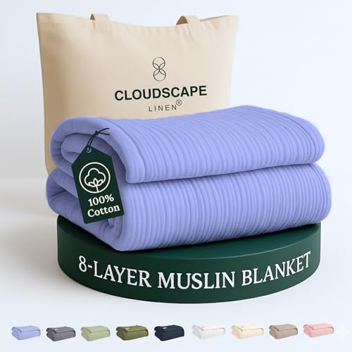 CloudScape Linen Cloud Scape Linen 8-Layer Muslin Blanket Queen Size - 100% Cotton, Soft and Breathable, Oversized Winter Blanket, Fits up to Full Size Bed, 92x92, Lavender Blue - Image 1