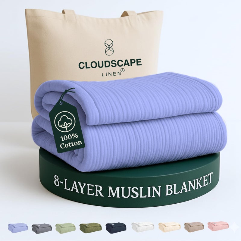 CloudScape Linen Cloud Scape Linen 8-Layer Muslin Blanket Queen Size - 100% Cotton, Soft and Breathable, Oversized Winter Blanket, Fits up to Full Size Bed, 92x92, Lavender Blue - Image 2