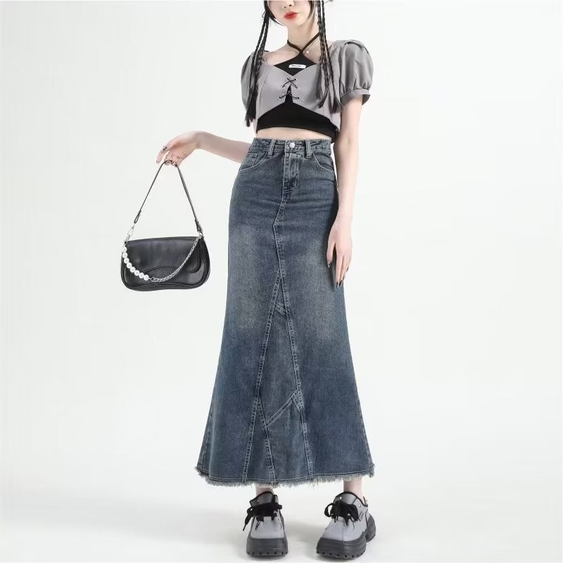 Fishtail Skirt Chubby Girl Plus Size High Waist Denim Skirt Womens 2023 Summer All-match Slim Look Hot Girl Lotus Leaf Hip Skirt Blue 