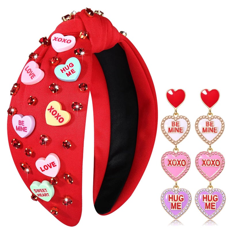 Valentines Day Headband for Women Love XOXO Heart Headbands Jeweled Conversation Heart Knotted Headband Pink Red Rhinestone Crystal Top Knot Headband Valentines Day Accessories Gifts Red Set