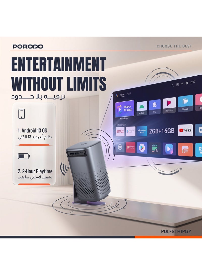 بورودو جهاز عرض هوائي محمول مع نظام Android، واي فاي 5G، بلوتوث 5.0، حجم شاشة قابل للتعديل، دقة 1080p Full HD، مشغل وسائط، بطارية قابلة لإعادة الشحن بسعة 3200 مللي أمبير ساعة، وقت تشغيل يصل إلى ساعتين، متوافق مع Android/iOS/Windows/HDMI/USB. - Image 4