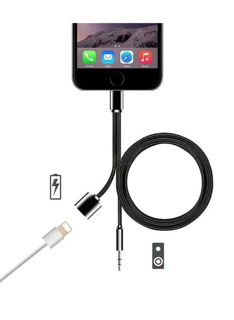 CATANES - 2 in 1 Aux Cable 8 Pin and Lightning Headphone Adapter for iPhone Nylon Braided Tangle Free 3.5mm Audio Jack Converter Cable 100cm Black - Image 1