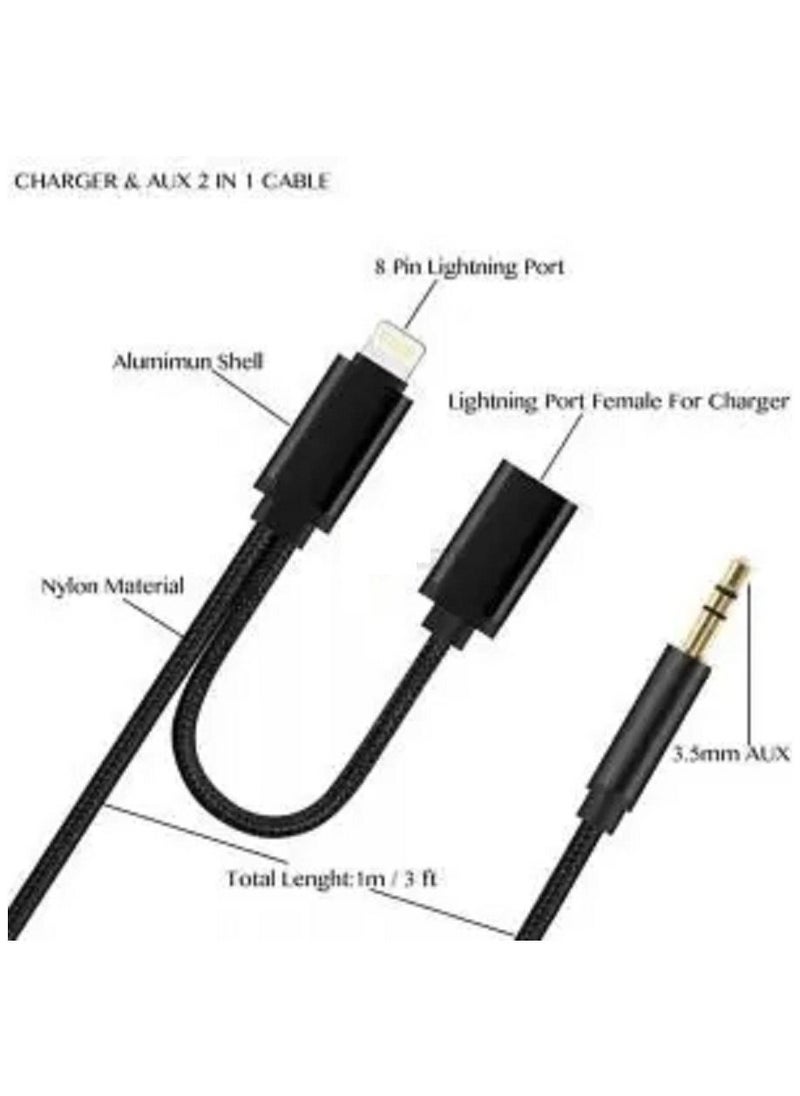 CATANES - 2 in 1 Aux Cable 8 Pin and Lightning Headphone Adapter for iPhone Nylon Braided Tangle Free 3.5mm Audio Jack Converter Cable 100cm Black - Image 1