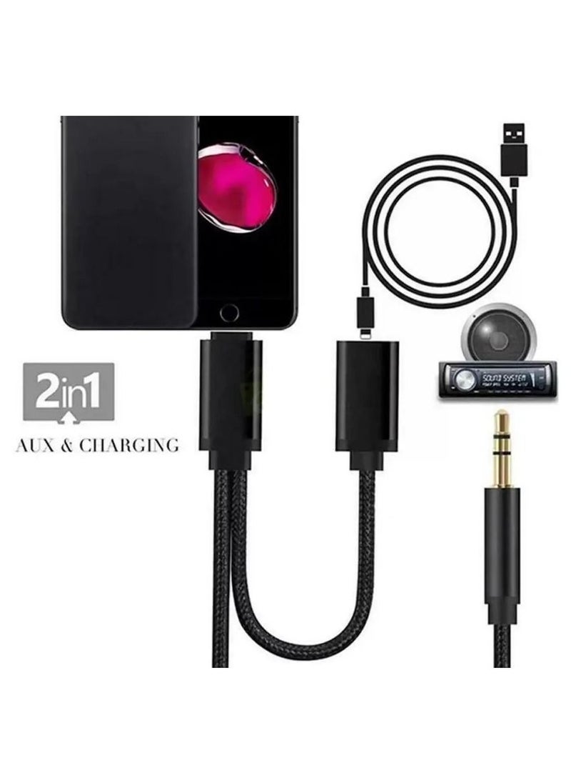 CATANES - 2 in 1 Aux Cable 8 Pin and Lightning Headphone Adapter for iPhone Nylon Braided Tangle Free 3.5mm Audio Jack Converter Cable 100cm Black - Image 1