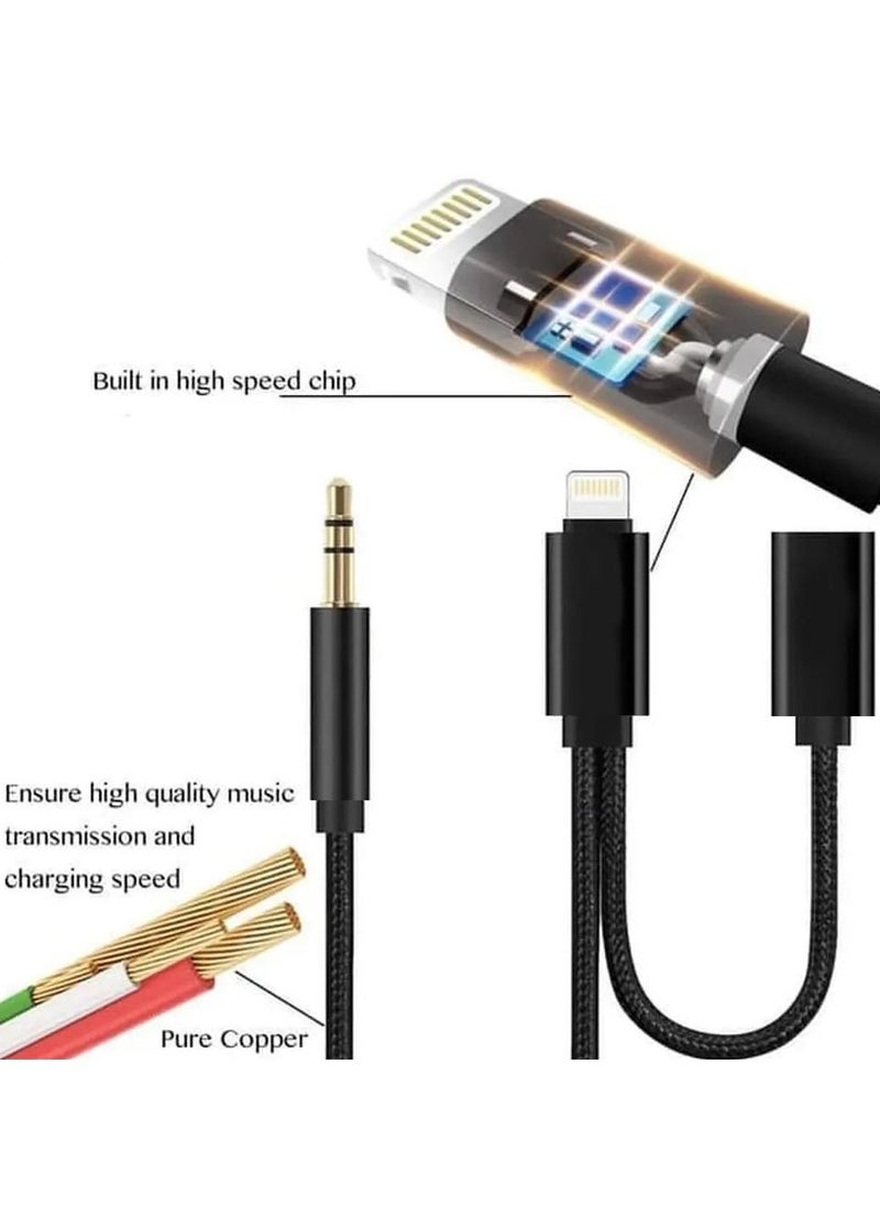 CATANES - 2 in 1 Aux Cable 8 Pin and Lightning Headphone Adapter for iPhone Nylon Braided Tangle Free 3.5mm Audio Jack Converter Cable 100cm Black - Image 1