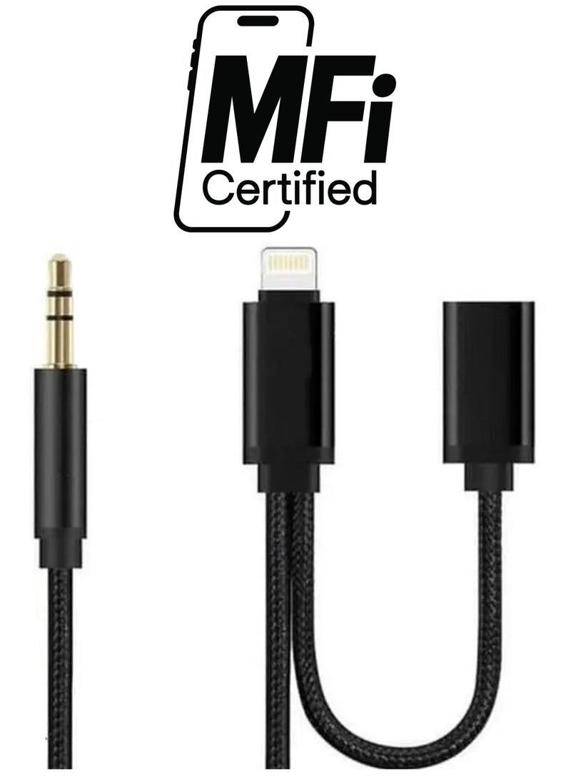 CATANES - 2 in 1 Aux Cable 8 Pin and Lightning Headphone Adapter for iPhone Nylon Braided Tangle Free 3.5mm Audio Jack Converter Cable 100cm Black - Image 1