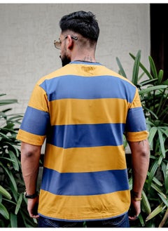 Maniac Mens Striped Mens Round Neck 3/4th Sleeve Mustard & Blue Oversized Fit T-Shirt  - Image 2