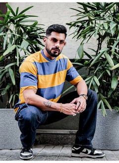 Maniac Mens Striped Mens Round Neck 3/4th Sleeve Mustard & Blue Oversized Fit T-Shirt  - Image 5