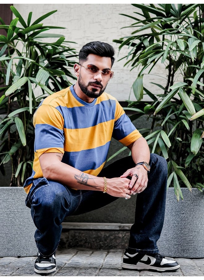 Maniac Mens Striped Mens Round Neck 3/4th Sleeve Mustard & Blue Oversized Fit T-Shirt  - Image 5