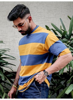 Maniac Mens Striped Mens Round Neck 3/4th Sleeve Mustard & Blue Oversized Fit T-Shirt  - Image 1