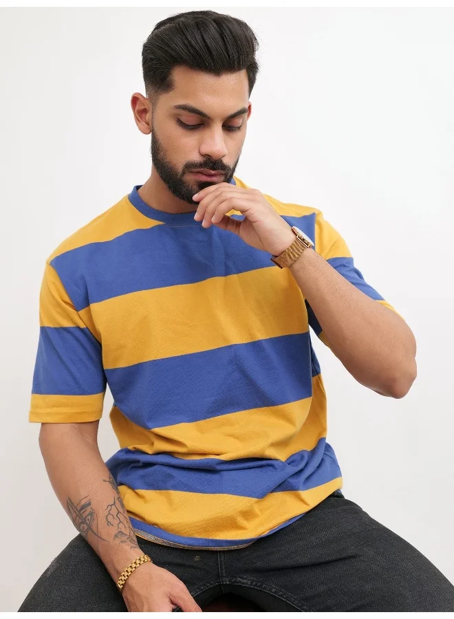 Maniac Mens Striped Mens Round Neck 3/4th Sleeve Mustard & Blue Oversized Fit T-Shirt