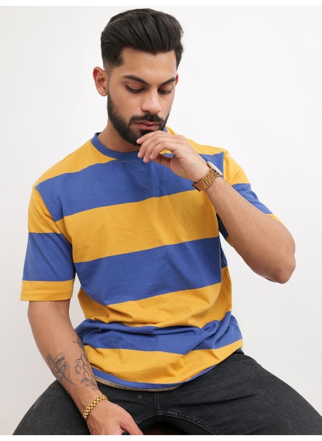 Maniac Mens Striped Mens Round Neck 3/4th Sleeve Mustard & Blue Oversized Fit T-Shirt  - Image 4