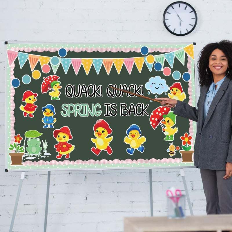 Justforjoyful Quark Quark Spring is Back Bulletin Board Spring Bulletin Board Decorations Set Yellow Duck Rainbow Umbrella Clouds Flowers Cutouts Back to School Supplies for Classroom Home Office Wall Door Decor - Image 4