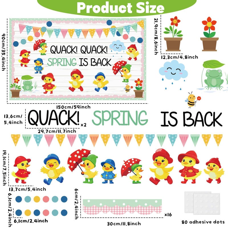 Justforjoyful Quark Quark Spring is Back Bulletin Board Spring Bulletin Board Decorations Set Yellow Duck Rainbow Umbrella Clouds Flowers Cutouts Back to School Supplies for Classroom Home Office Wall Door Decor - Image 2