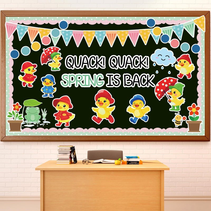 Justforjoyful Quark Quark Spring is Back Bulletin Board Spring Bulletin Board Decorations Set Yellow Duck Rainbow Umbrella Clouds Flowers Cutouts Back to School Supplies for Classroom Home Office Wall Door Decor - Image 1