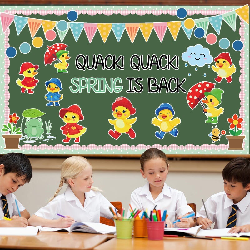 Justforjoyful Quark Quark Spring is Back Bulletin Board Spring Bulletin Board Decorations Set Yellow Duck Rainbow Umbrella Clouds Flowers Cutouts Back to School Supplies for Classroom Home Office Wall Door Decor - Image 5