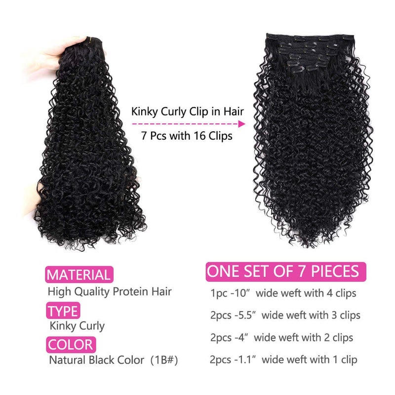 BHF 26 inch Kinky Curly Clip In Hair Extensions, Double Weft Full Head Japanese Heat Resistance Fiber 140g Synthetic Curly Hair Extensions For Women 7pieces (#1B) - Image 2
