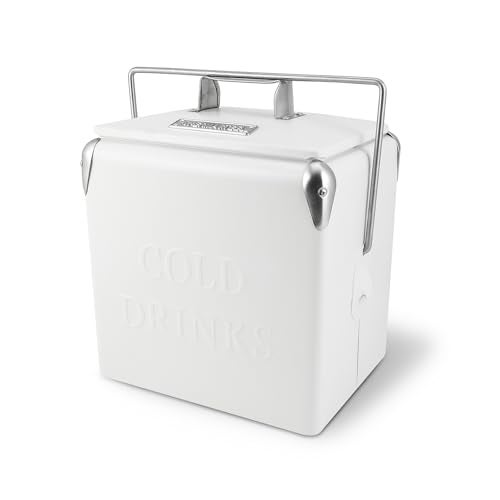 Permasteel Retro Vintage 14-Qt Portable Ice Chest, Hard Metal Beverage Cooler, Personal Cooler for Camping, Beach, Picnic, Classic Style, White - Image 1