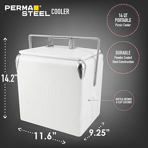 Permasteel Retro Vintage 14-Qt Portable Ice Chest, Hard Metal Beverage Cooler, Personal Cooler for Camping, Beach, Picnic, Classic Style, White - Image 5