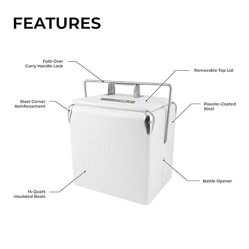 Permasteel Retro Vintage 14-Qt Portable Ice Chest, Hard Metal Beverage Cooler, Personal Cooler for Camping, Beach, Picnic, Classic Style, White - Image 3