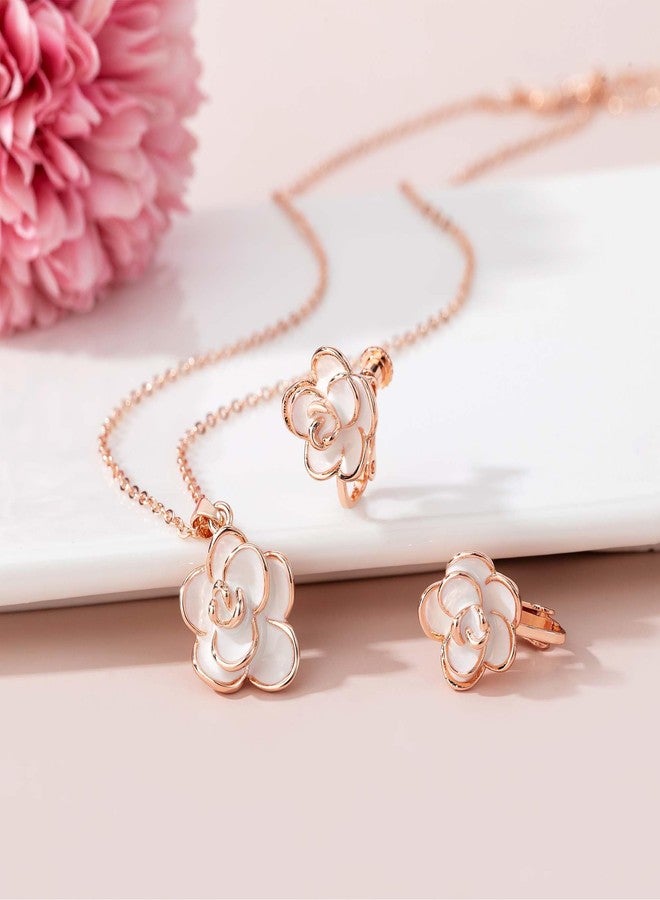 EVEVIC Dainty Rose Flower Pendant Necklace Clip On Earrings Set for Women 14K Gold Plated Hypoallergenic Jewelry Sets (White) - Image 4