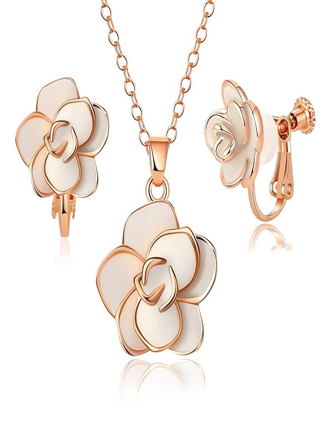 EVEVIC Dainty Rose Flower Pendant Necklace Clip On Earrings Set for Women 14K Gold Plated Hypoallergenic Jewelry Sets (White) - Image 1
