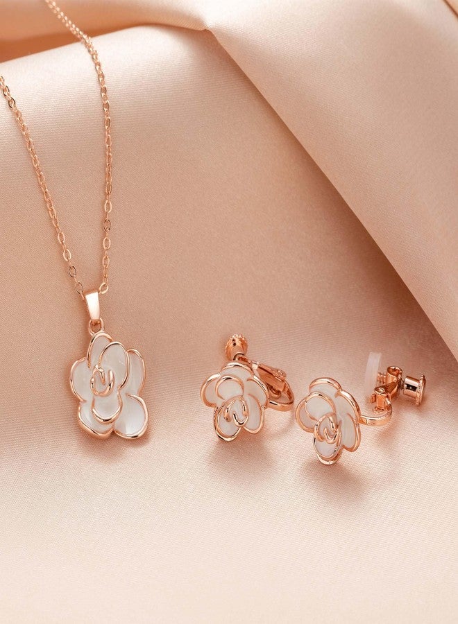 EVEVIC Dainty Rose Flower Pendant Necklace Clip On Earrings Set for Women 14K Gold Plated Hypoallergenic Jewelry Sets (White) - Image 5