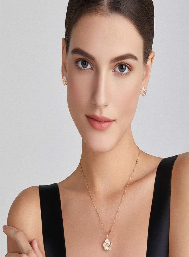 EVEVIC Dainty Rose Flower Pendant Necklace Clip On Earrings Set for Women 14K Gold Plated Hypoallergenic Jewelry Sets (White) - Image 2