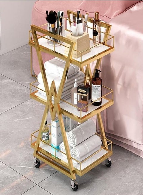 X-Shaped 3-Tier Movable Gold Metal Trolley with Wooden Shelves
