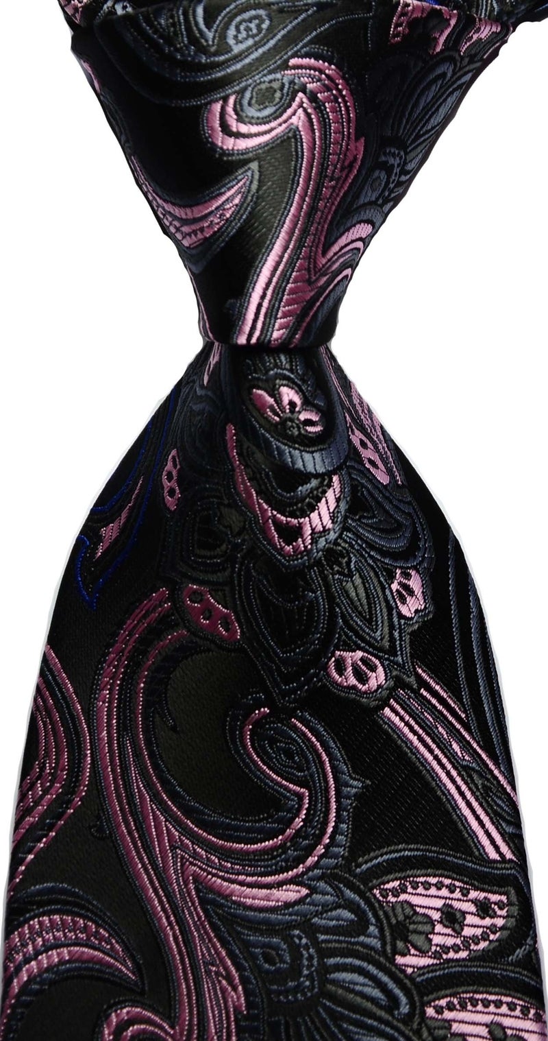 Geotae Zerun New Classic Men's Paisley Silk Tie Necktie (Black/Pink) - Image 2