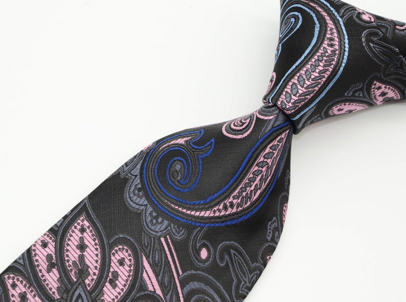 Geotae Zerun New Classic Men's Paisley Silk Tie Necktie (Black/Pink) - Image 3