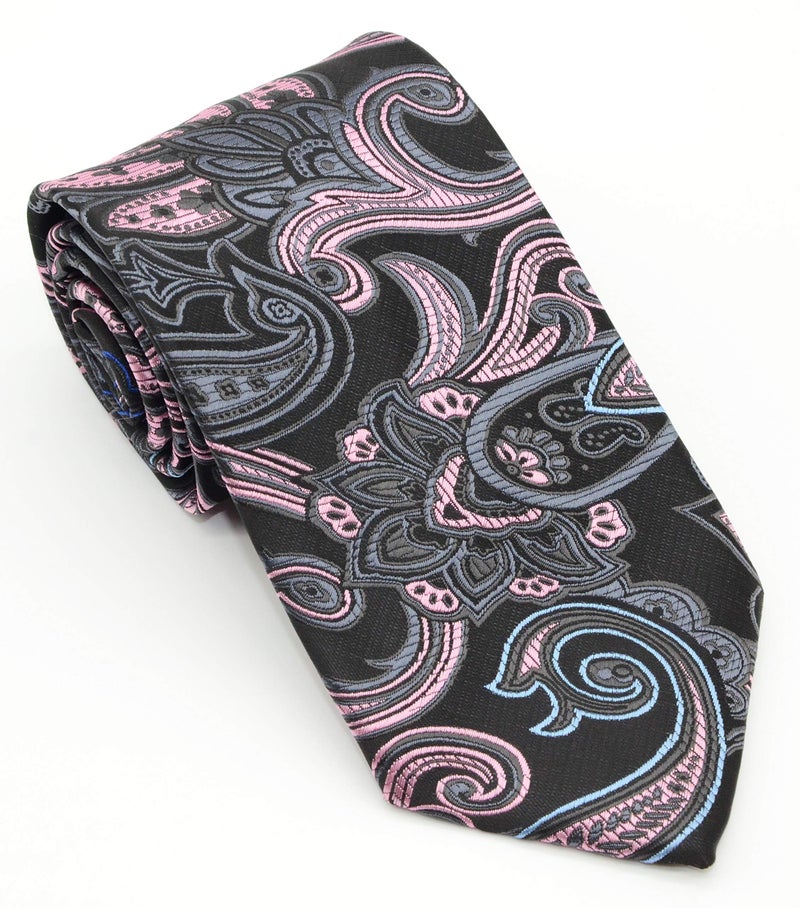 Geotae Zerun New Classic Men's Paisley Silk Tie Necktie (Black/Pink) - Image 5