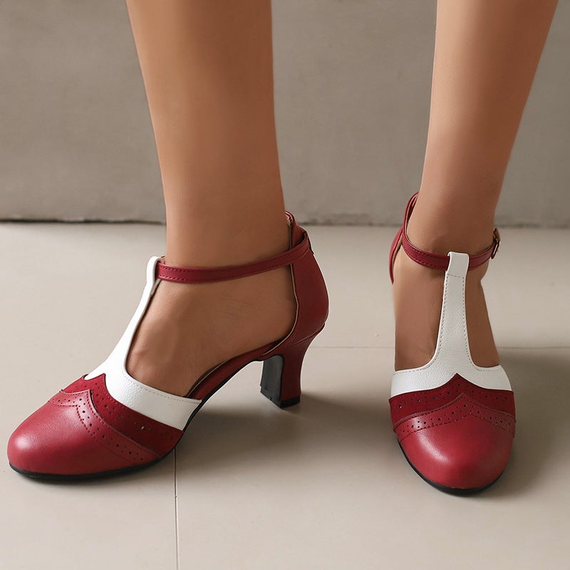 Model 2024 Summer High-Heeled Color Matching 40-48 Large Size T-Shaped Buckle Strap Burnt Flower Hollow Sandals For Women - Image 2