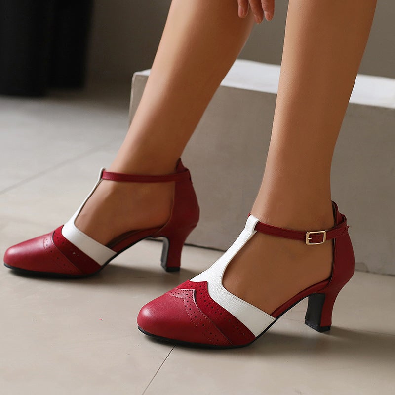Model 2024 Summer High-Heeled Color Matching 40-48 Large Size T-Shaped Buckle Strap Burnt Flower Hollow Sandals For Women - Image 5