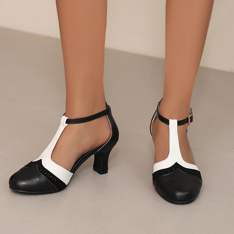 Model 2024 Summer High-Heeled Color Matching 40-48 Large Size T-Shaped Buckle Strap Burnt Flower Hollow Sandals For Women - Image 3