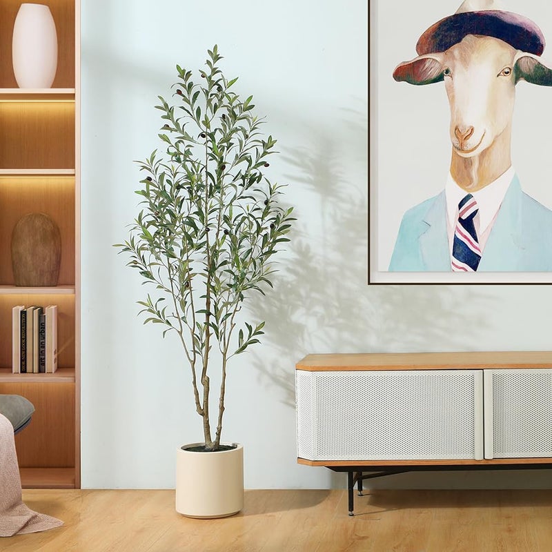 LOMANTO Artificial Olive Trees, 6 ft Tall Fake Olive Trees for Indoor, Faux Olive Silk Tree, Large Olive Plants with White Planter for Home Decor and Housewarming Gift, 1 Pack - Image 2