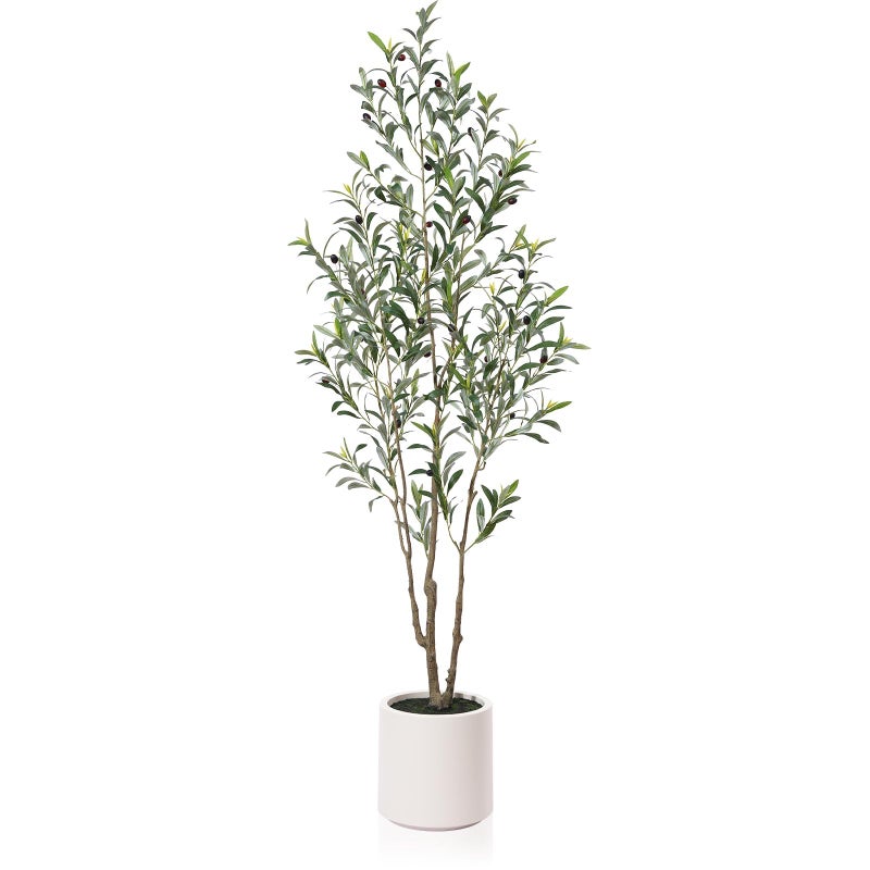 LOMANTO Artificial Olive Trees, 6 ft Tall Fake Olive Trees for Indoor, Faux Olive Silk Tree, Large Olive Plants with White Planter for Home Decor and Housewarming Gift, 1 Pack - Image 1