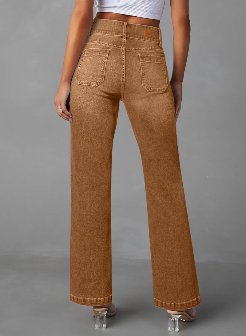 Sidefeel Women's Wide Leg Jeans Woman Fall Outfit Trendy Stretchy High Waisted Straight Leg Denim Pants Brown Size 12 - Image 2