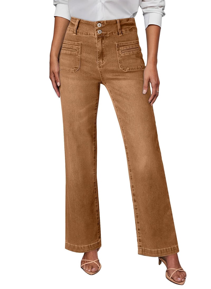 Sidefeel Women's Wide Leg Jeans Woman Fall Outfit Trendy Stretchy High Waisted Straight Leg Denim Pants Brown Size 12 - Image 1