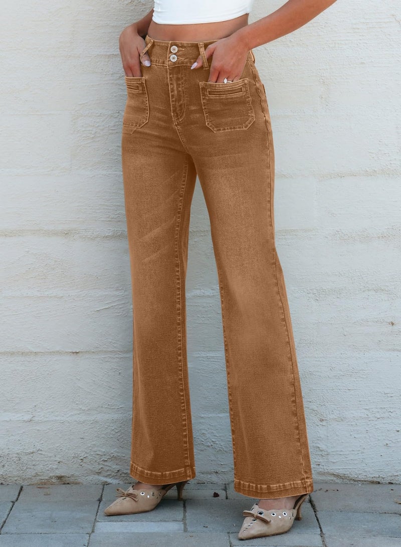 Sidefeel Women's Wide Leg Jeans Woman Fall Outfit Trendy Stretchy High Waisted Straight Leg Denim Pants Brown Size 12 - Image 3