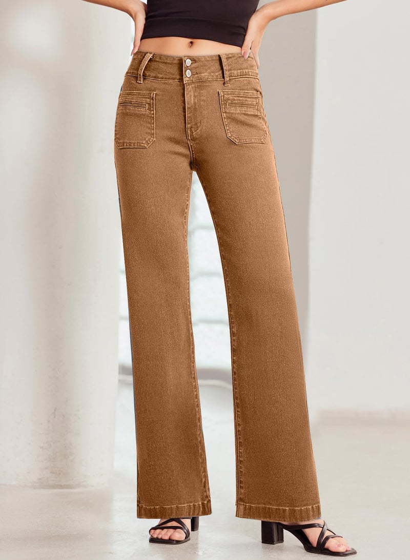 Sidefeel Women's Wide Leg Jeans Woman Fall Outfit Trendy Stretchy High Waisted Straight Leg Denim Pants Brown Size 12 - Image 4