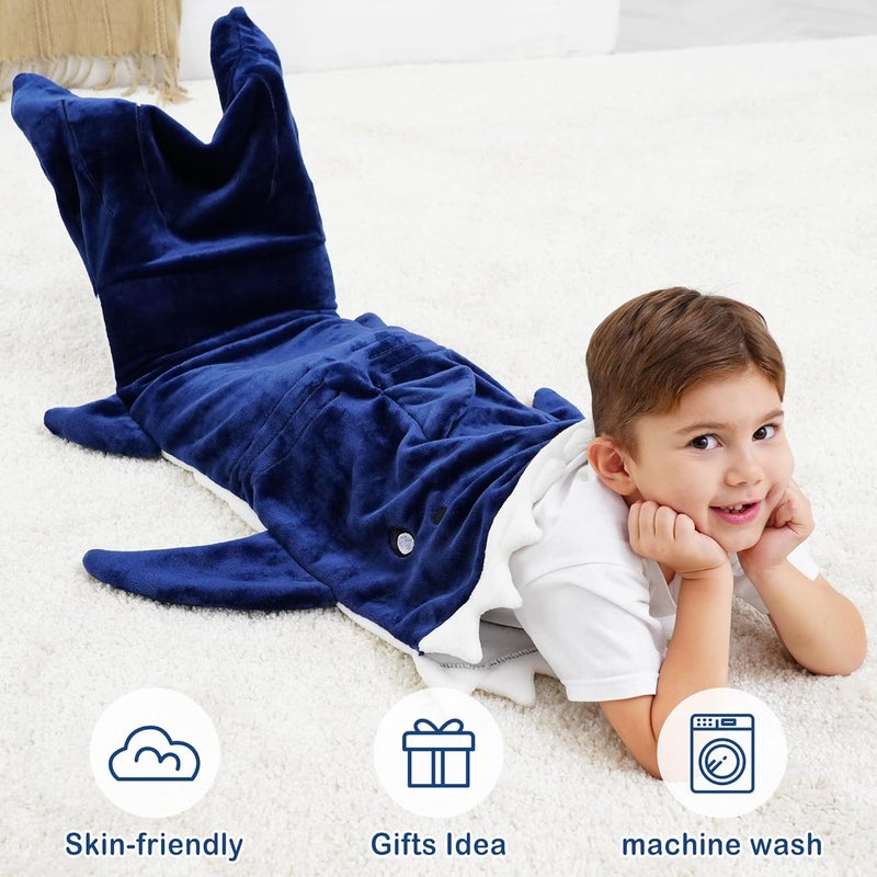 softan Kids Shark Blanket, Soft Flannel, Boys Toys, Fleece Shark Tail Blanket, Dark Blue, Warm and Soft, Gift for Kids, 19" x 44" fit for Boys Aged 3 to 6 - Image 1